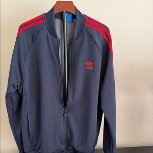 Adidas Dark Blue Track Suit Jacket and Pants with Bright Red Accents